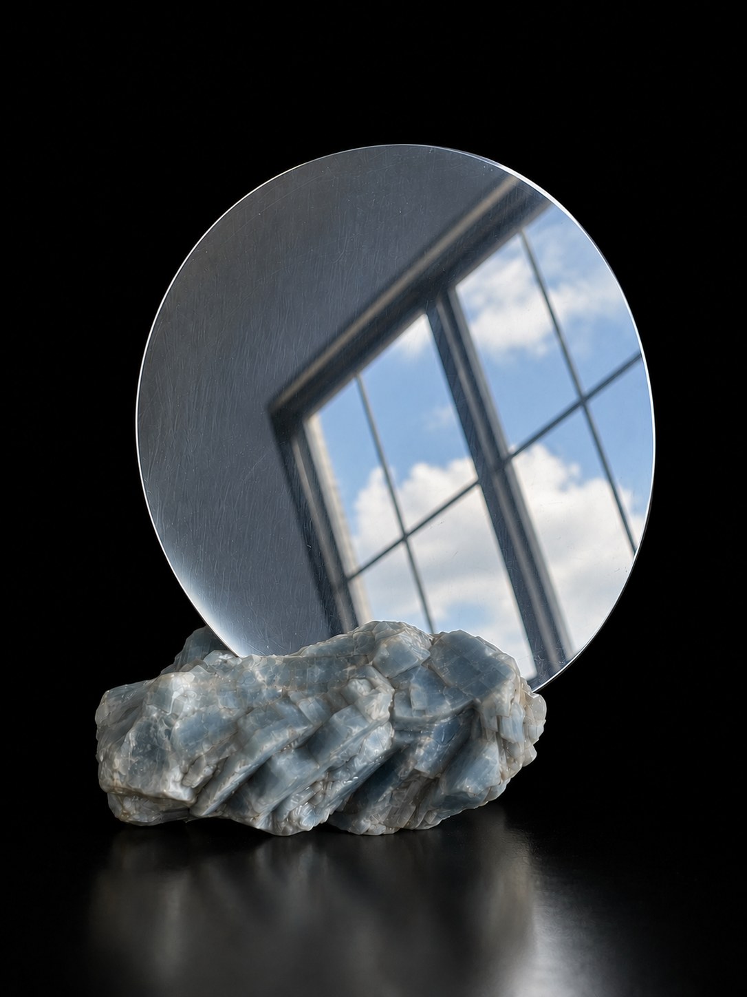 Zenith, a round mirror on blue calcite