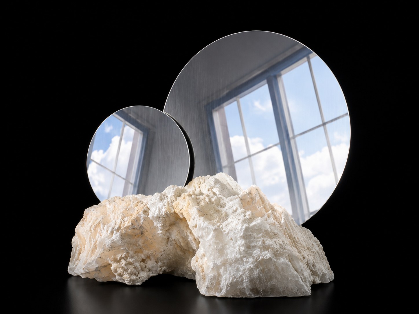 Selene, a pair of round mirrors on selenite